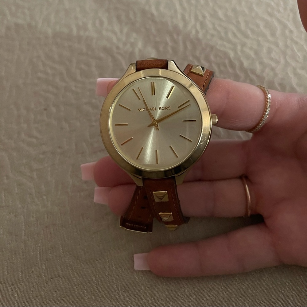 Michael Kors Slim Studded Brown Leather Wrap Watch